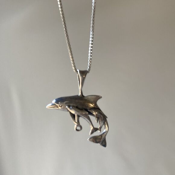 Vintage Sterling Silver 925 Dolphin Mom Baby Family Pendant Necklace 24in Chain - Picture 14 of 14